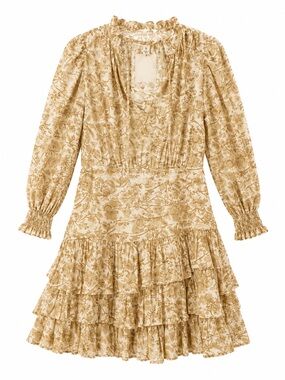 Neutral Floral Tiered Long-Sleeve Ruffle Dress